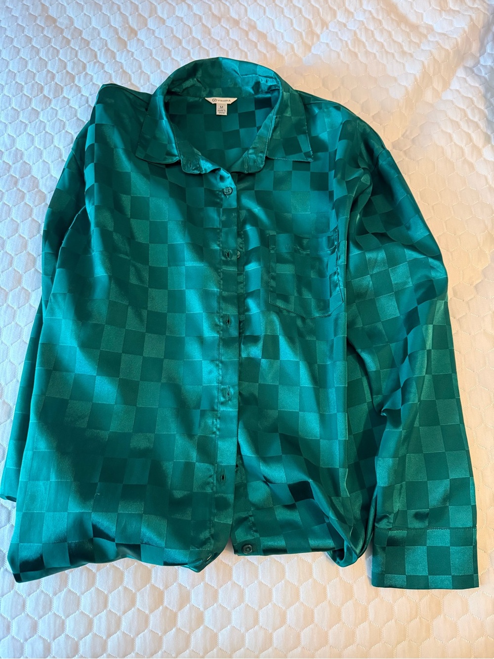 Green Check Satin Button-Up Top